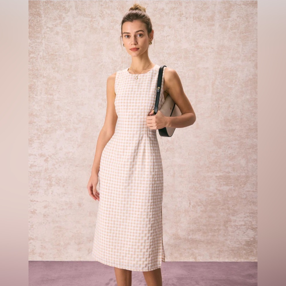 NWT RIHOAS Round Neck Plaid Slit Midi Dress